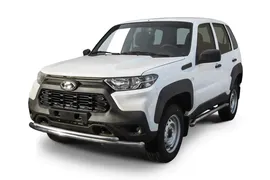 Защита переднего бампера d57+d42 двойная с декоративными элементами Lada Niva Travel (2020-2023)